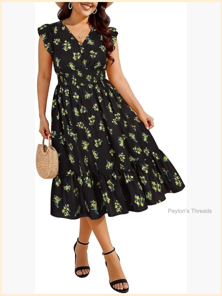 Plus Size Boho Floral Midi Dress With Pockets V-Neck Ruffle Sleeve Smocked